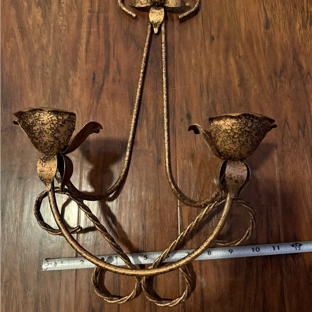 Vintage Double Wall Sconce Metal Candle Holder Italian Tole Rose Flower